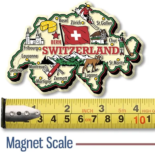 Vista 2 de Imán de mapa de país jumbo de Suiza por Classic Magnets, recuerdos coleccionables de goma 3D estilo vintage y regalos fabricados en los Estados