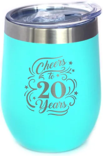 Vista 9 de Cheers to 20 Years - Vaso de vino con tapa deslizante - Taza aislada de acero inoxidable - Regalo para el 20 aniversario - Negro