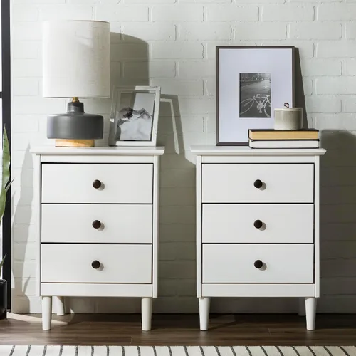 Vista 11 de Walker Edison Myron Modern - Juego de 2 mesitas de noche de madera maciza de 3 cajones, 2 unidades, color caramelo Blanco
