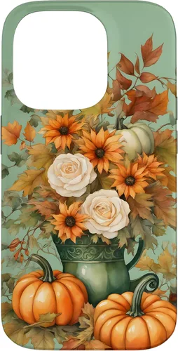 Vista 17 de Vintage Autumn Flower Fall Pumpkin Teal Case for iPhone 17