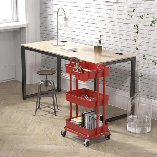 Vista 3 de Simple Houseware - Carro multiusos rodante de 3 niveles con cubos colgantes, color Rojo Almacenamiento para baño, cocina, oficina, sala