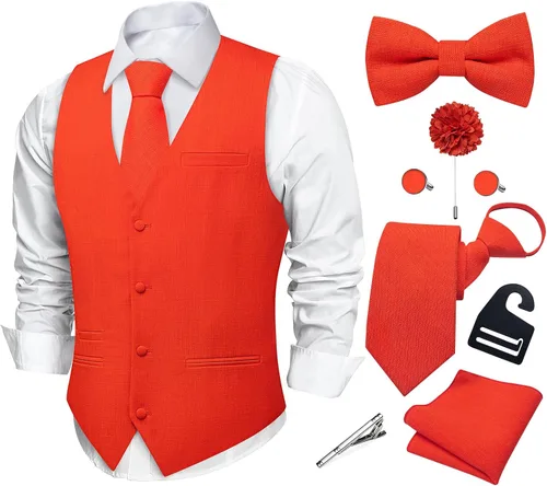 Vista 13 de DiBanGu Conjunto de corbata con cremallera y chaleco de lino para hombre Negro