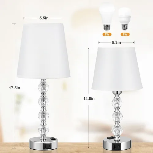 Vista 2 de Juego de 2 lámparas de mesa de cristal para dormitorio/sala de estar, 17.5 pulgadas (blanco) 3 Way Dimmable Touch Control, Bedside Nightstand