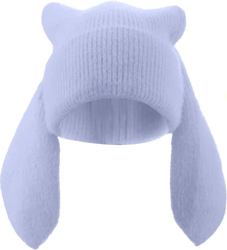 Vista 9 de Gorro de conejo para mujer, lindo conejo de ganchillo, gorro de invierno, cálido gorro de calavera para esquí al aire libre