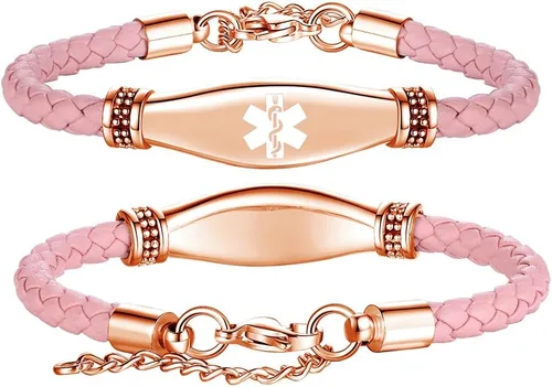 Vista 17 de LinnaLove Rose gold Medical Alert Bracelet for Women, Elegant Braided Pink Leather ID Jewelry, Adjustable Extension Fits 6.5"-8" Wrists