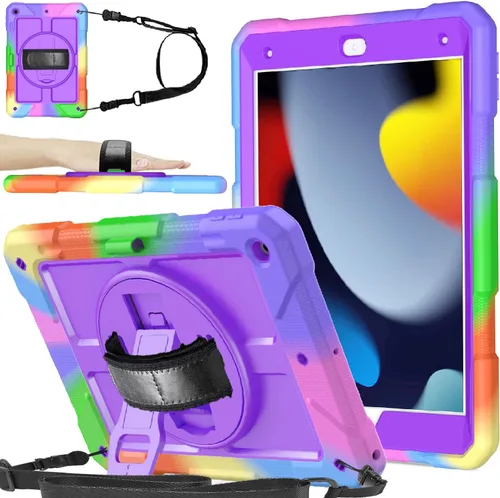 Vista 12 de BMOUO Funda para iPad de 9ª/8ª/7ª generación de 10.2", a prueba de golpes con soporte giratorio de 360°, correa de hombro y mano, funda para iPad