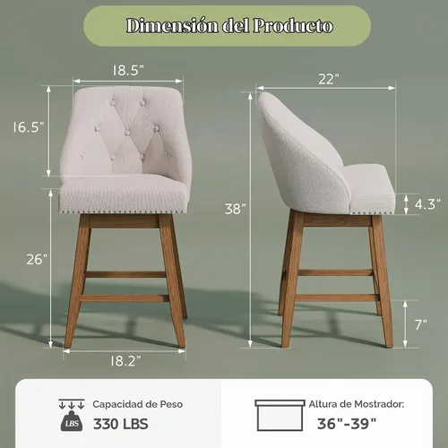 Vista 2 de Taburetes de bar modernos giratorios con respaldo copetudo, juego de 2, taburete de isla tapizado de 26 pulgadas de altura de mostrador, patas