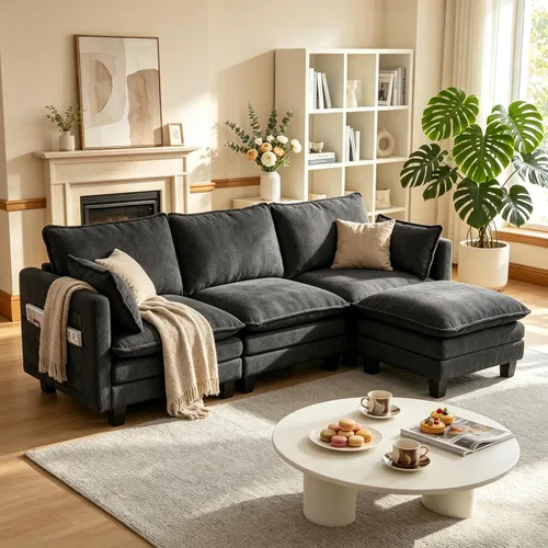Vista 22 de Sofá modular convertible seccional, sofá de 4 asientos en forma de L con diván reversible, sofá de nube de asiento profundo, sofá cama 3 en 1, tela