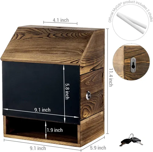 Vista 5 de MyGift Caja de sugerencias con pizarra, cerradura y llave, caja de donación de montaje en pared para colección de recaudación de fondos, caja