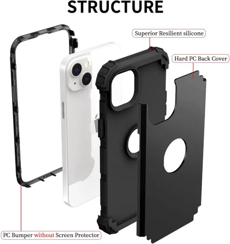 Vista 6 de Ankoe Funda para iPhone 14 Plus, resistente, protección contra caídas, policarbonato duro, silicona suave, combo híbrido de protección contra Negro