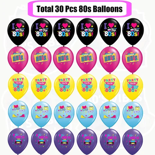 Vista 3 de Decoraciones para fiestas de los años 80, paquete de 30 globos de regreso a los 80 para suministros de fiesta temática de los años 80 Globos retro