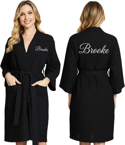 Vista 12 de Lotus Linen Women’s Lightweight Waffle Spa Robes – Soft Cotton Knee Length Bathrobe, Personalized Bridesmaids Robe Negro