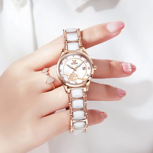 Vista 8 de OLEVS Relojes para mujer, oro rosa, de dos tonos, de moda, de cerámica, blanco, esfera rosa, roja, acero inoxidable, fecha impermeable