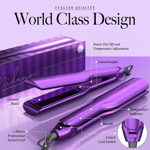 Vista 8 de Plancha y rizador de pelo 2 en 1, placa de 2 pulgadas, plancha de cerámica extragrande de 8.5 pulgadas con aniones de 65.6 ft (morado)