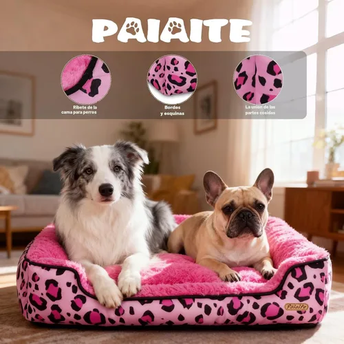 Vista 4 de Cama rectangular lavable para perros grandes, medianos y pequeños, camas suaves y relajantes, sofá cálido y duradero para mascotas con parte Rosa