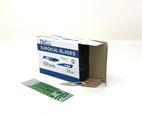 Vista 6 de Cuchillas de bisturí quirúrgicas desechables, acero al carbono estéril de alta calidad, 2.1% 10xx envueltas individualmente por P & P Medical