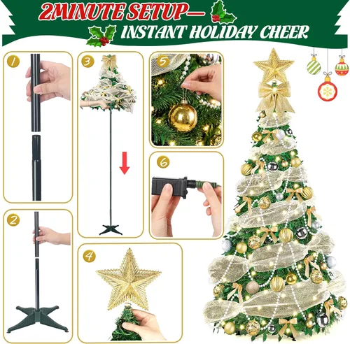 Vista 4 de FUSPWEAO 6FT Pre-Lit Pop Up Christmas Tree with Lights for Holiday Decor Pre-Decorated Collapsible Tree with Ribbon, Pearl Chain, Bows, Ball