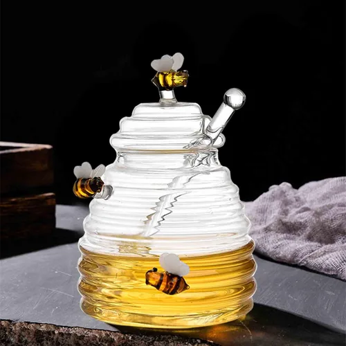 Vista 4 de PHEZEN Tarros de miel con tapa y tapa con tapa y tarro grande de vidrio con estatua de abeja, recipientes de miel, dispensador de miel de vidrio