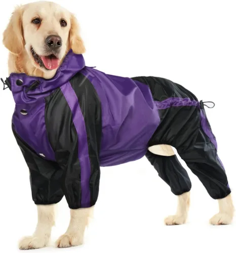 Vista 8 de Chubasquero para perros, chaqueta ligera de lluvia, poncho ajustable de 4 patas para mascotas con capucha, chaleco impermeable a la nieve, ropa