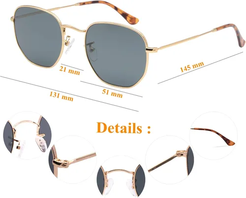Vista 6 de Gafas de sol hexagonales con lente de vidrio retro para hombres y mujeres marco de metal cuadrado vintage con lentes planas 2126in tamaño grande