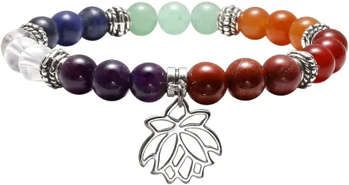 Vista 4 de Top Plaza Pulsera de curación de 7 chakras Reiki piedras reales yoga meditación mala pulseras elásticas para mujer aleación de plata dije de árbol