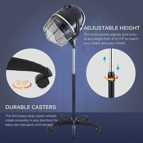 Vista 7 de Secador de pelo profesional Y-NOT con altura ajustable, casco con soporte de pie con ruedas para salón de belleza y spa en casa