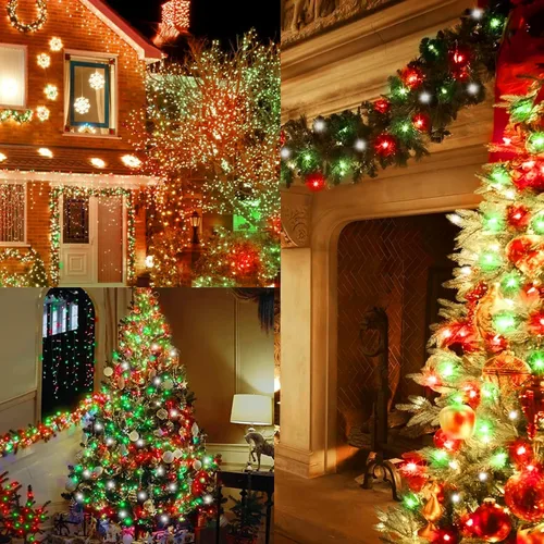 Vista 4 de Luces de cuerda de Navidad rojas, verdes y blancas de alambre de cobre, paquete de 2, total de 200 luces LED de hadas, luces parpadeantes