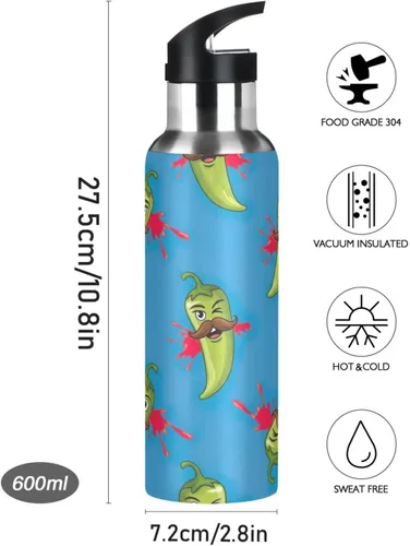 Vista 9 de Stainless Steel Vacuum Insulated Water Bottle 20 Oz, BPA-Free Sports Water Bottle for Gym Outdoor Travel School, Green Chili Peppers
