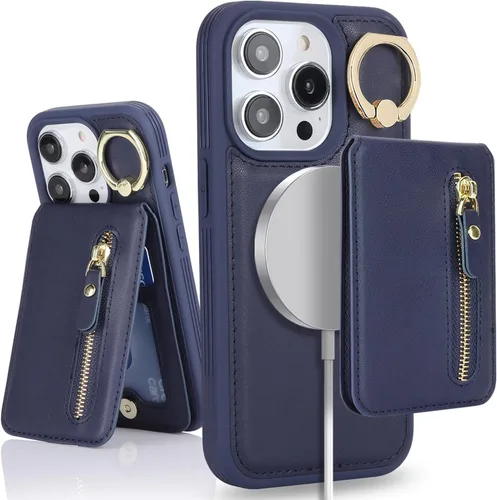 Vista 7 de para iPhone 14 Funda con soporte magnético Magsafe compatible, llavero de cuero PU plegable con soporte desmontable, funda tipo cartera 2-en-1