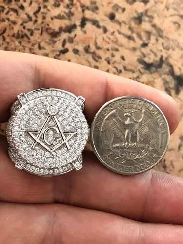 Vista 9 de Anillo masónico de plata 925 para hombre con diseño masónico, tamaños 7-13, anillo de hip hop helado, Metal, Zirconia cúbica