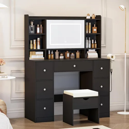 Vista 5 de Viaozutis Escritorio de tocador con espejo y luces LED, toma de corriente integrada, iluminación LED regulable, 7 cajones y 7 compartimentos