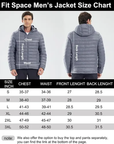 Vista 6 de fit space Chaqueta alternativa de plumón para hombre, acolchada, ligera, plegable, con capucha desmontable