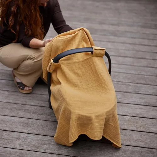 Vista 2 de Funda de asiento de coche para bebé, muselina de algodón orgánico, toldo para asiento de automóvil, 43 x 32 pulgadas (amarillo otoño)