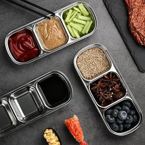 Vista 2 de 3 cuencos de acero inoxidable para salsa de soja, 3 rejillas divididas, platos de acompañamiento para salsa de soja, salsa de tomate, condimentos