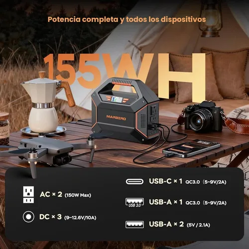 Vista 2 de MARBERO Generador solar de 155 Wh con panel solar incluido Estación de energía portátil de 30 W, 100 W, 150 W, sobretensión, multisalida, generador