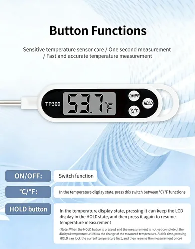 Vista 3 de Termómetro digital para alimentos, sonda de acero inoxidable 304, pantalla LCD con interruptor C/F, impermeable, sensible, medición rápida