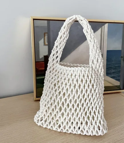 Vista 6 de Hixixi Mini bolso de mano de pesca con red de pesca, cuerda de algodón, cordón de ganchillo, bolsa de playa tejida para mujeres y niñas