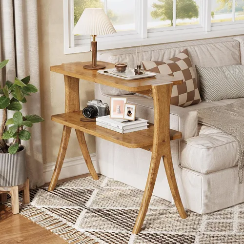 Vista 3 de LITTLE TREE Mesa auxiliar estrecha, mesa de centro de 2 niveles estilo granja con patas de madera maciza, mesa auxiliar pequeña, ahorradora