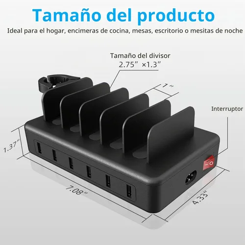 Vista 3 de Estación de Carga para Múltiples Dispositivos, CREATIVE DESIGN Estación de Carga USB 50W de 6 Puertos con Soporte para Apple Watch y 6 Cables