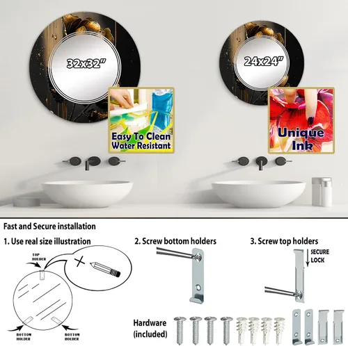 Vista 4 de DesignQ Floral & Botanical wall mirror, Oval Traditional mirror, Round Black bathroom mirror, Crocus vanity mirror Black and Gold Crocus Artistry