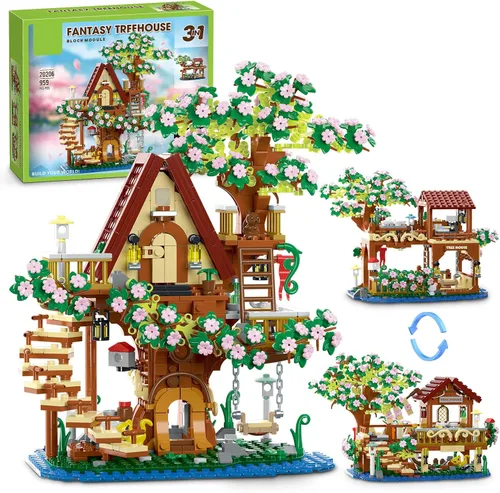 Vista 8 de Juego de micro bloques de construcción de árbol bonsái de cerezo, arquitectura china, kits de estanque de flor de melocotón, árbol de sakura