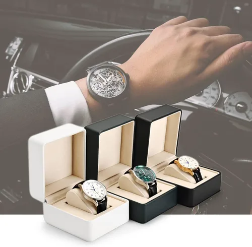 Vista 9 de Caja de regalo de reloj de cuero PU negro Premium Caja de almacenamiento de reloj individual con caja de reloj de pulsera de almohada extraíble