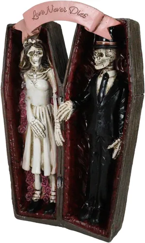 Vista 9 de Ebros Gift Love Never Dies - Figura decorativa de 10 pulgadas de alto, esqueleto de boda, pareja nupcial tomados de la mano dentro del ataúd