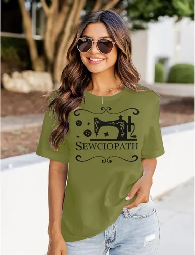 Vista 3 de Camiseta de mujer para amantes de la costura con estampado de costura, divertida máquina de coser con cuello redondo, manga corta, casual