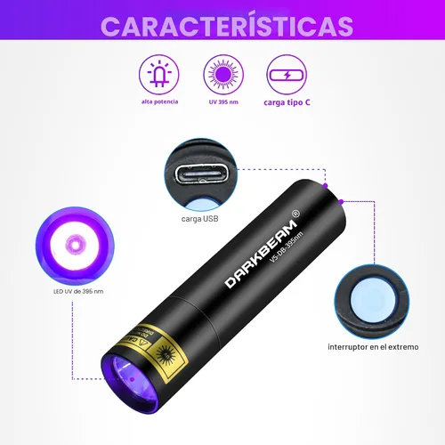 Vista 3 de DARKBEAM Linterna UV Luz Negra 395 NM, Mini pero Potente USB-C LED Recargable Lámpara de Madera, Linternas Ultravioleta para Detección de Orina