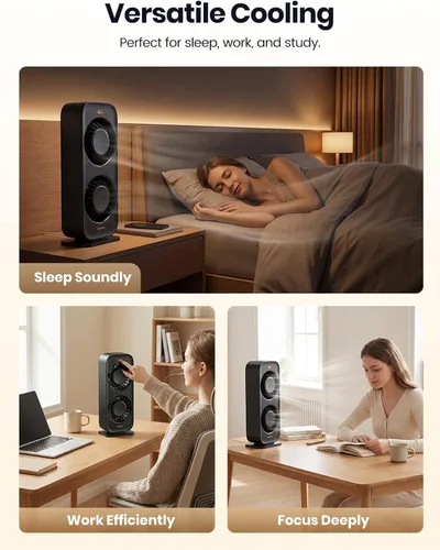 Vista 7 de Warmco Ventilador de torre de escritorio para dormitorio, ventilador de escritorio de alta velocidad de 19.7 ft/s de doble motor con 4 velocidades