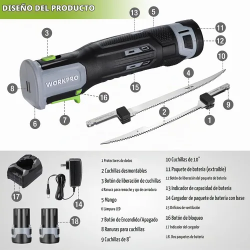 Vista 8 de WORKPRO Cuchillo de filete eléctrico inalámbrico de 12V con hojas afiladas como navajas de 8'' y 10'', cuchillo de filete inalámbrico con mango