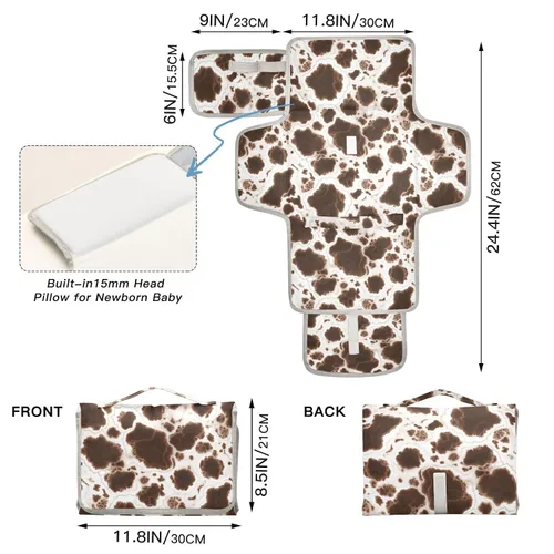 Vista 4 de Cambiador portátil para bebé, cambiador de pañales de viaje de vaca negra, cambiador impermeable con almohada incorporada, regalos para baby shower