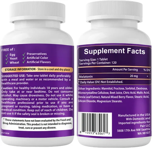 Vista 8 de VITBOOST Melatonina 20 mg – 120 comprimidos de disolución rápida – Sabor natural de bayas – Ayuda para dormir de alta potencia – 100% libre