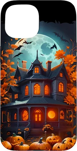 Vista 6 de iPhone 16 Halloween Spooky Haunted House Bats & Carved Pumpkins Case